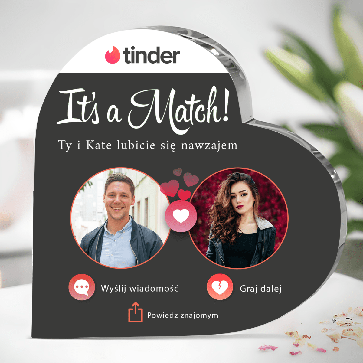 Dopasowani tinder - Szklane serce, spersonalizowany prezent dla niej - Adamell.pl