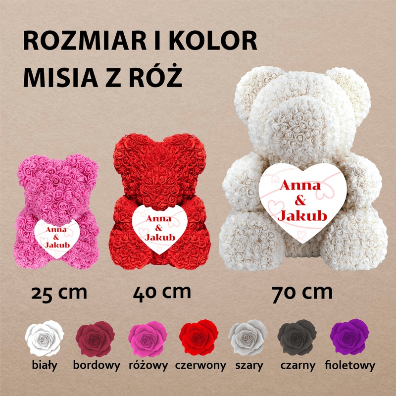 Imiona w sercu - Miś z róż z wydrukiem, spersonalizowany prezent dla niej - Adamell.pl