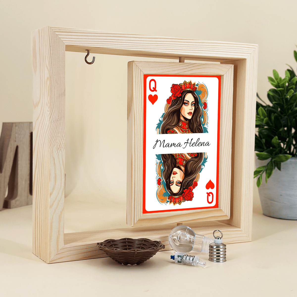 Karta dama - Druk na szkle w drewnianej ramce + led, spersonalizowany prezent dla mamy - Adamell.pl