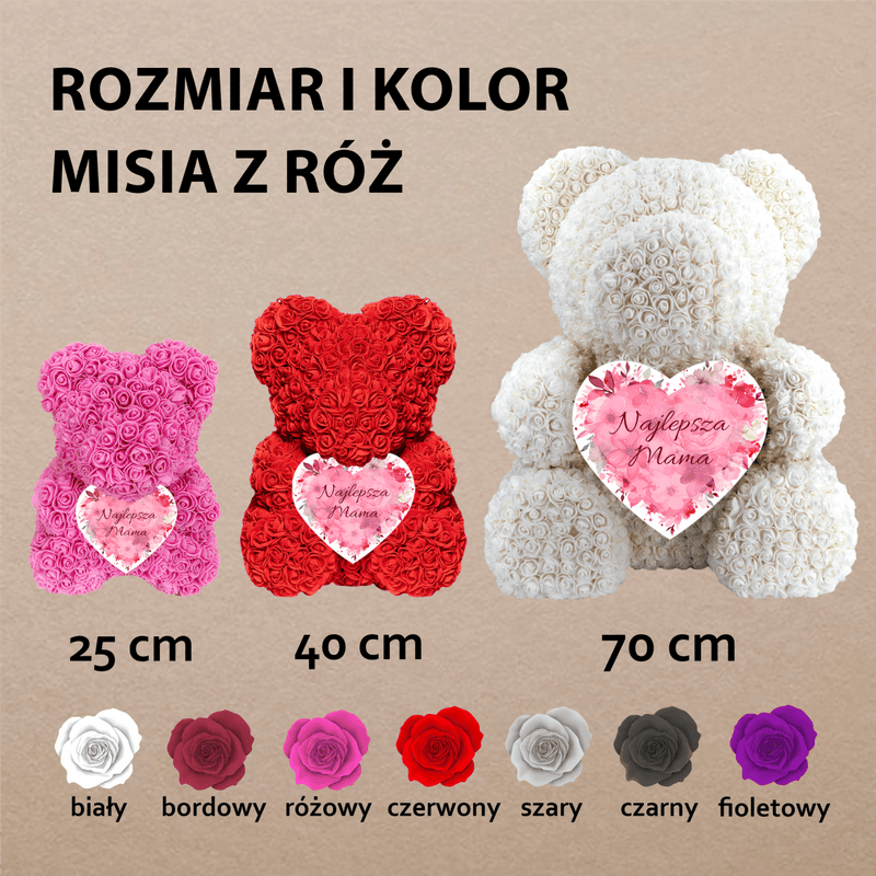Kwieciste serce dla mamy - Miś z róż z wydrukiem, spersonalizowany prezent dla mamy - Adamell.pl