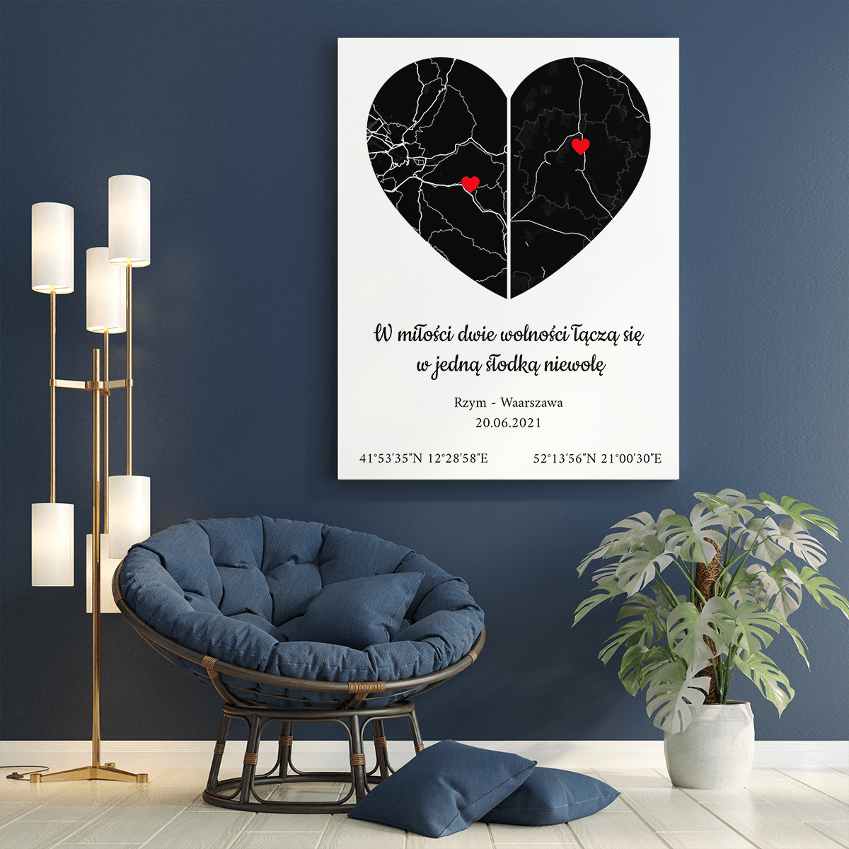 Mapa miłości - druk na płótnie, spersonalizowany prezent dla pary - Adamell.pl