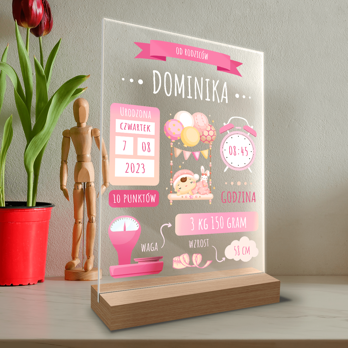 Metryczka dziewczynki - Druk na szkle, spersonalizowany prezent dla dziecka - Adamell.pl