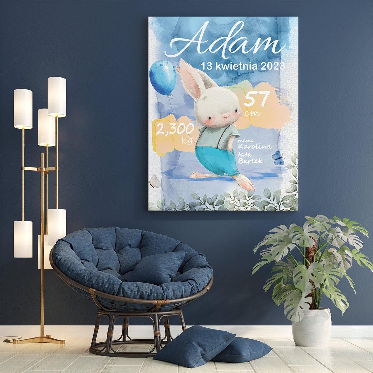 Metryczka z królikiem - druk na płótnie, spersonalizowany prezent dla dziecka - Adamell.pl