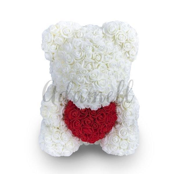 Miś z róż | Biały z sercem 25cm, Elegancki Prezent od serca dla bff, cioci, szefowej, informatyka, na dzień babci, na imieniny, na 25, 40 rocznicę - Adamell.pl - Wyjątkowe Prezenty