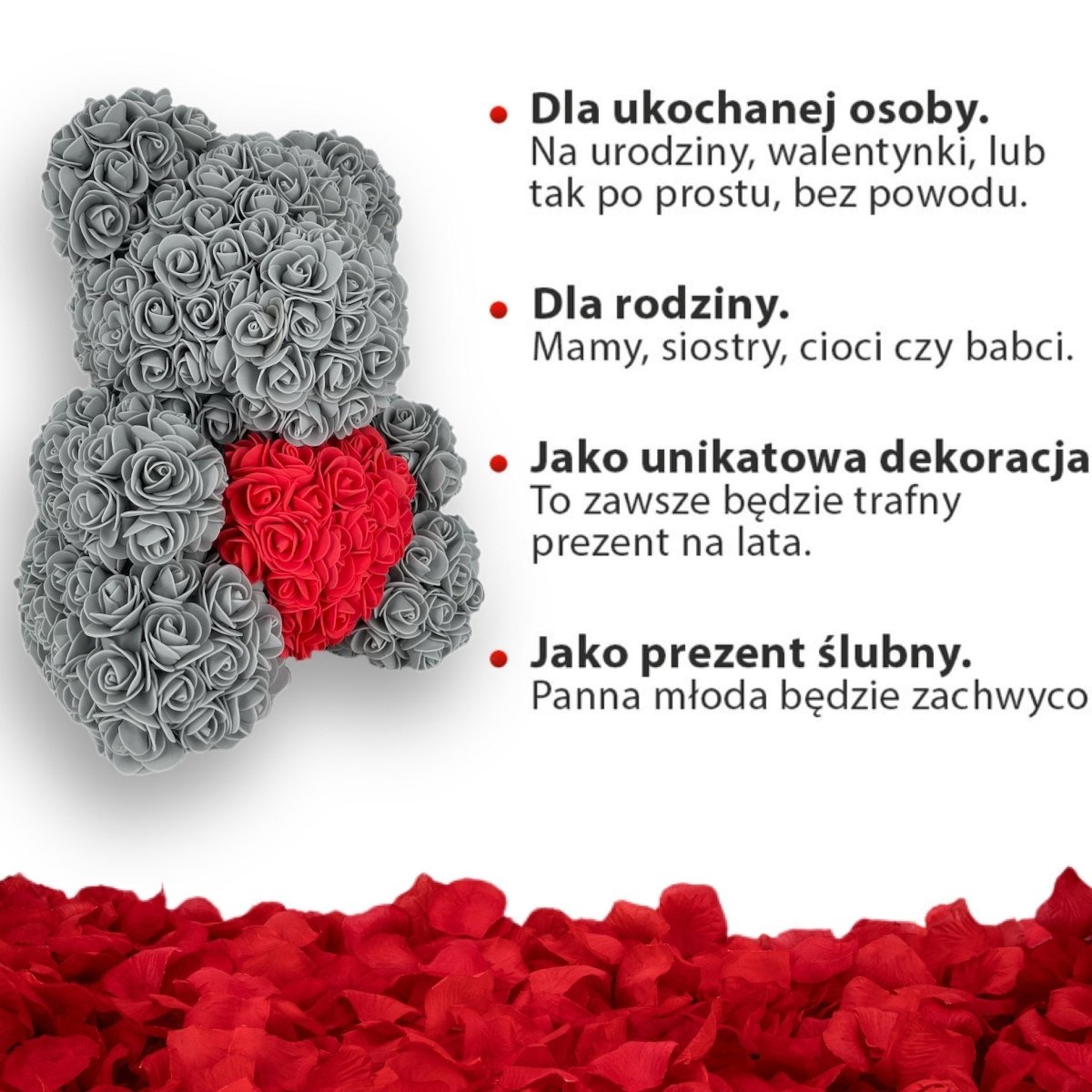 Miś z róż | Szary z sercem 40 cm, Wzruszający, Nietypowy, uniwersalny prezent dla rodziny, kuzynki, podziękowanie, psychologa, weterynarza, krawcowej - Adamell.pl - Wyjątkowe Prezenty