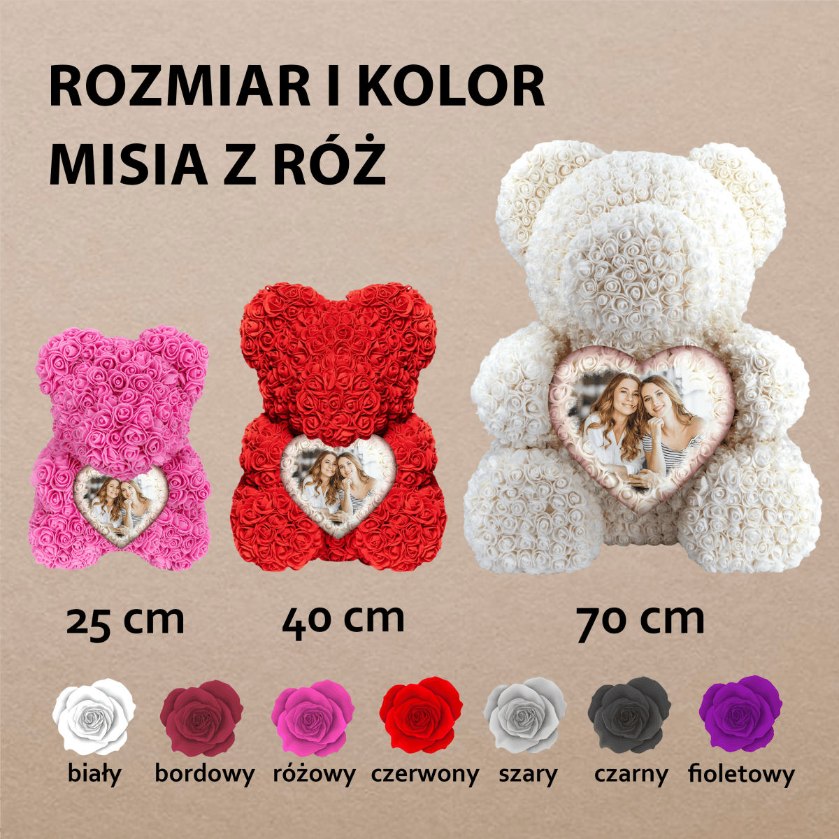 Miś z wiecznych róż z wydrukiem ze zdjęcia - Miś z róż z wydrukiem, spersonalizowany prezent - Adamell.pl - Wyjątkowe Prezenty