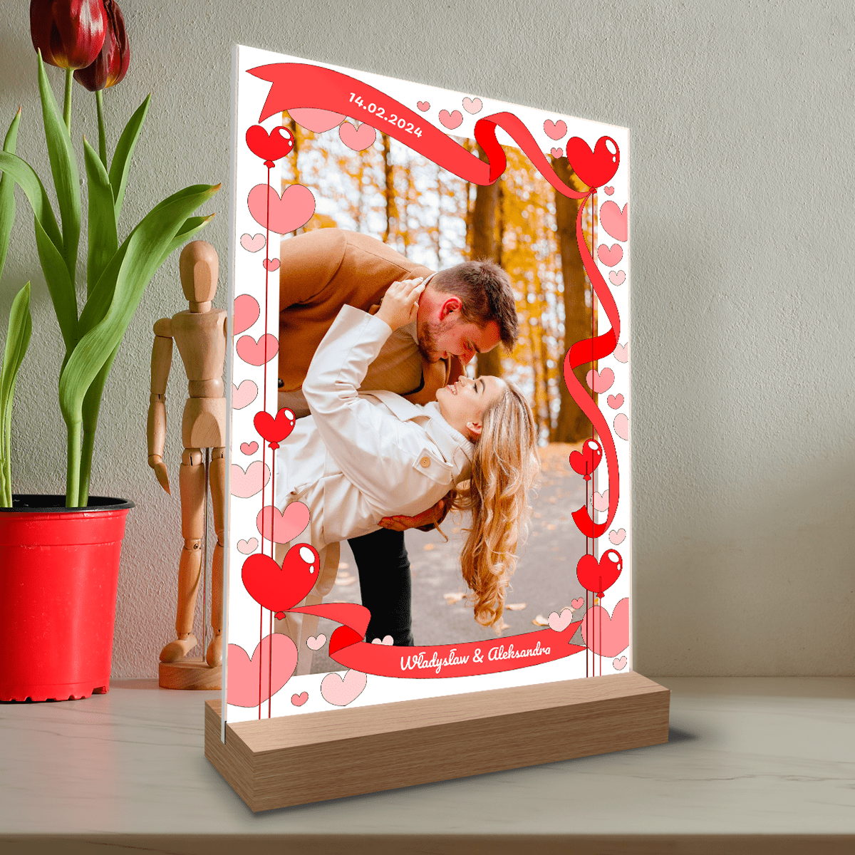 Motyw walentynkowy + imiona - Druk na szkle, spersonalizowany prezent dla pary - Adamell.pl