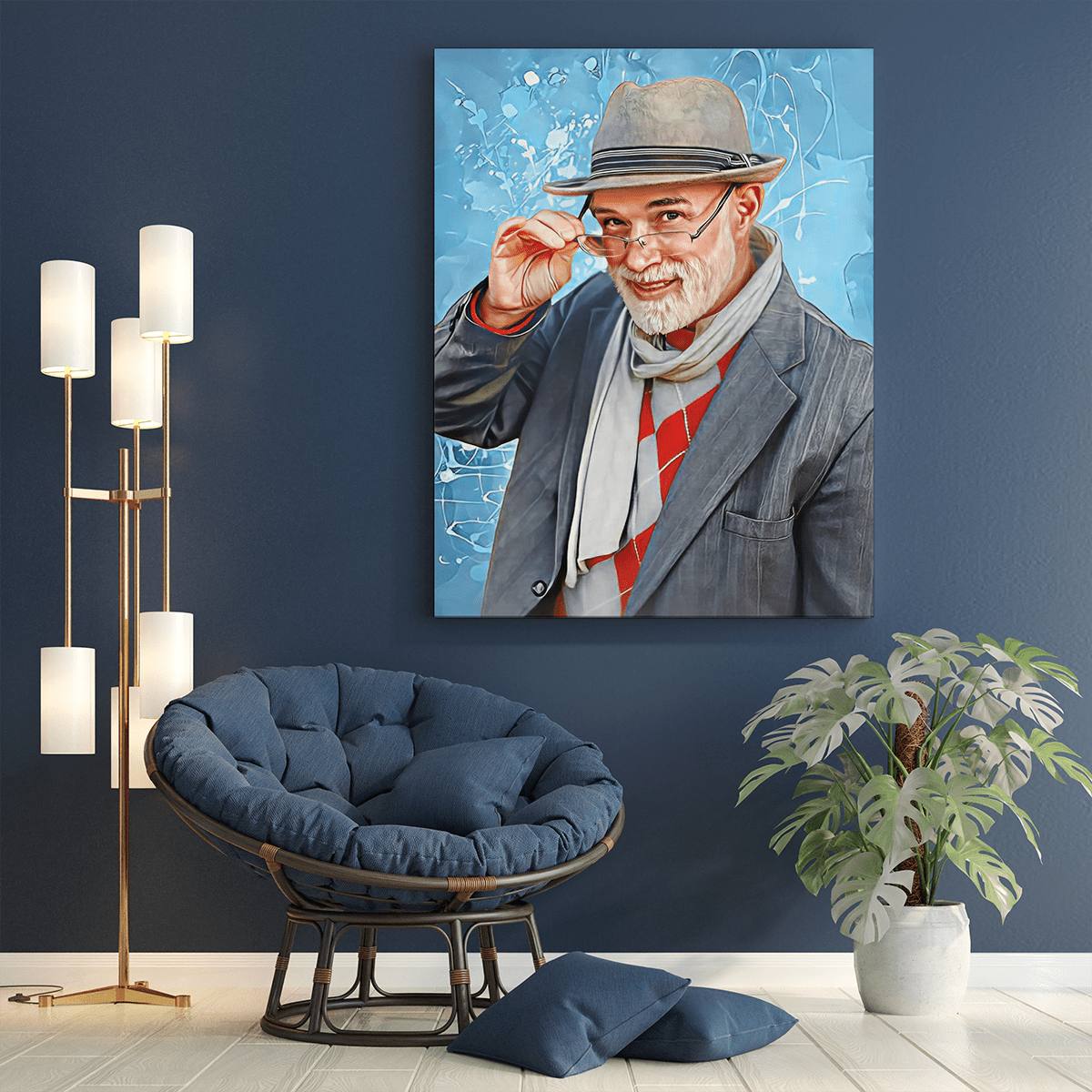 Naturalny portret dziadka z kolorowym tłem - druk na płótnie, spersonalizowany prezent dla dziadka - Adamell.pl