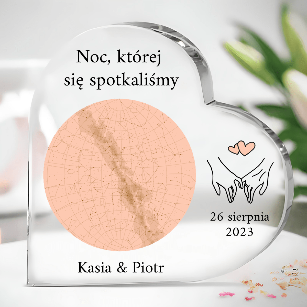 Noc spotkania - Szklane serce, spersonalizowany prezent dla niego - Adamell.pl