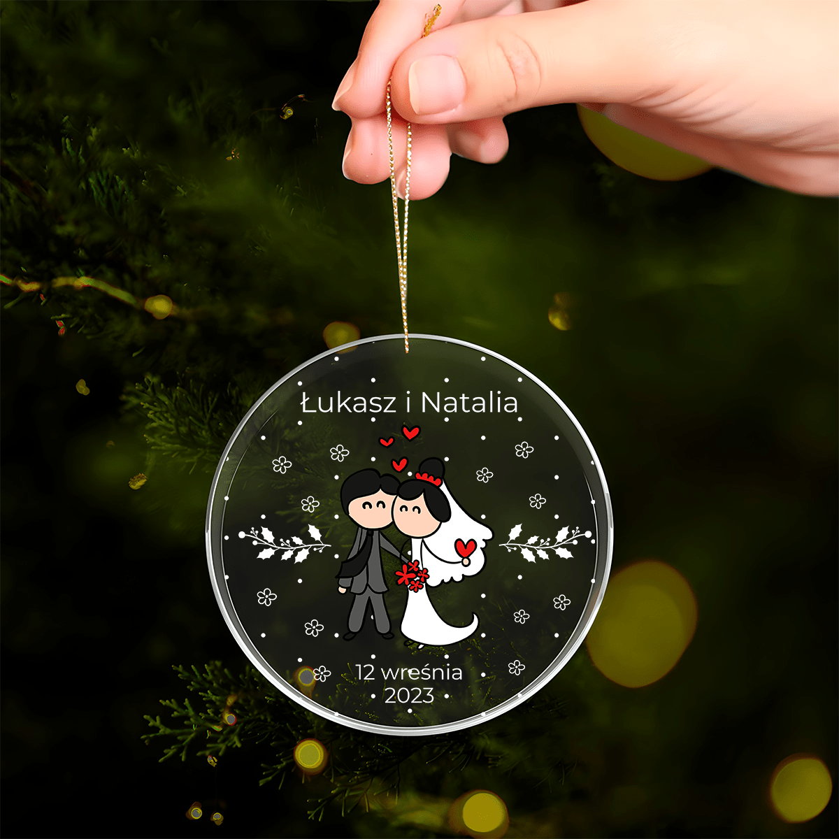 Para młoda i data - bombka choinkowa, spersonalizowany prezent dla żony - Adamell.pl