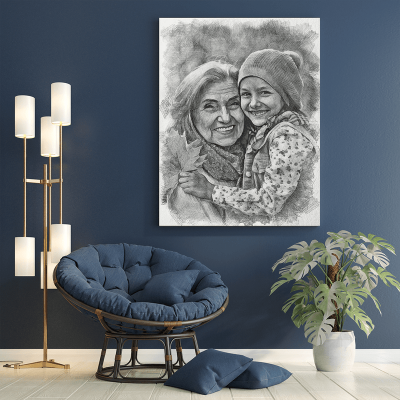 Portret ołówkiem babcia i wnuczka - druk na płótnie, spersonalizowany prezent dla babci - Adamell.pl