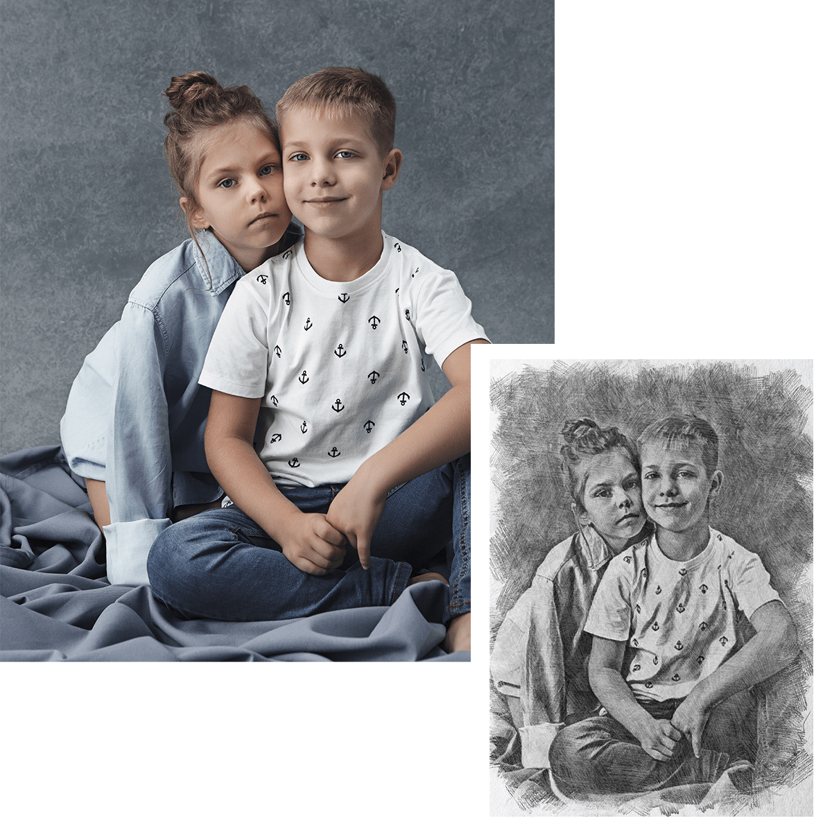 Rodzeństwo szkic ołówkiem - druk na płótnie, spersonalizowany prezent dla brata - Adamell.pl
