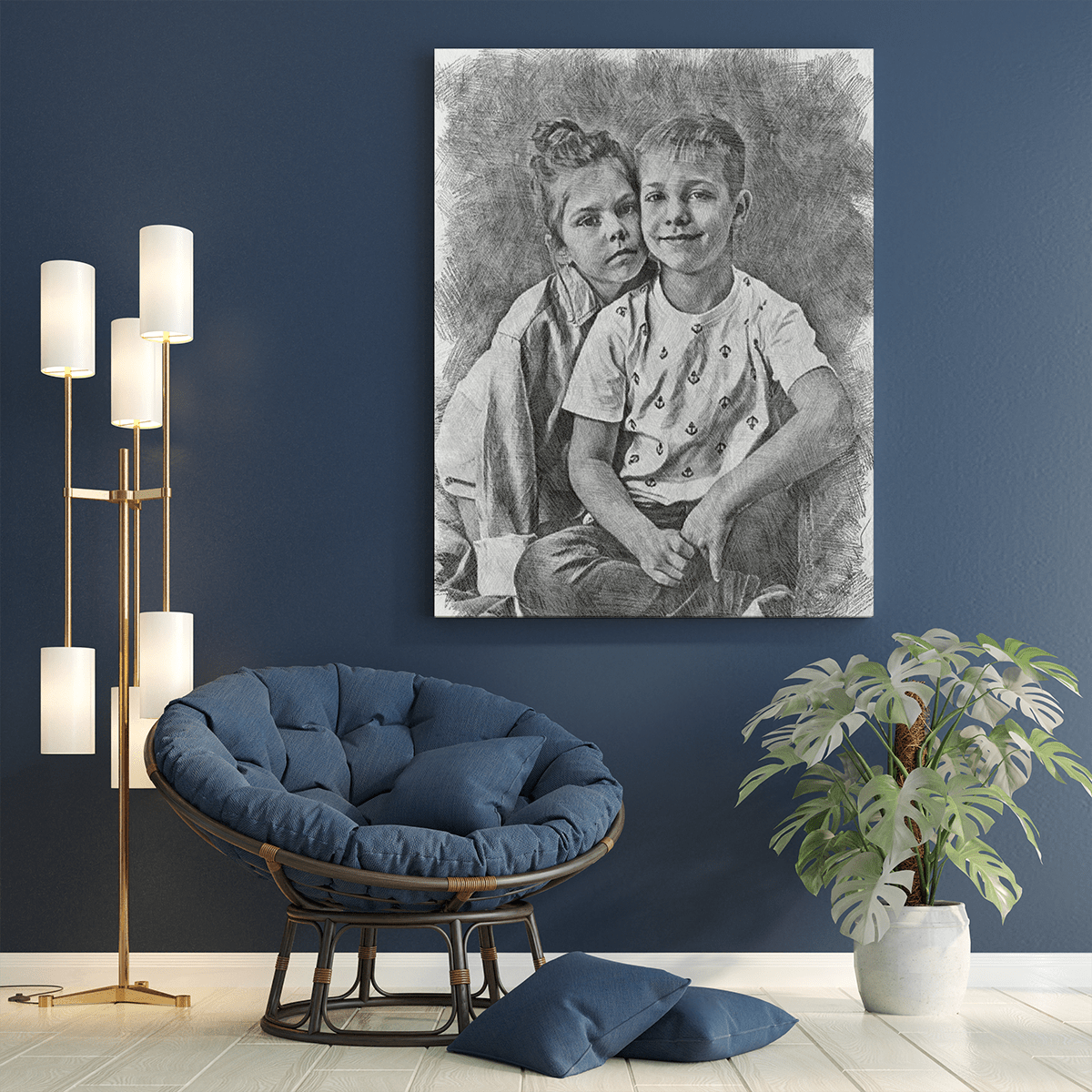 Rodzeństwo szkic ołówkiem - druk na płótnie, spersonalizowany prezent dla brata - Adamell.pl