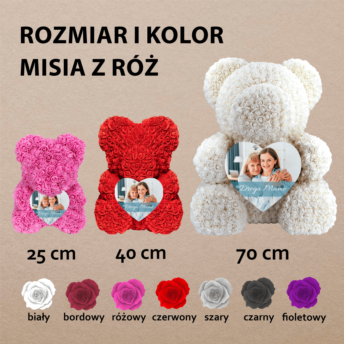 Różany miś z serduszkiem i napisem - Miś z róż z wydrukiem, spersonalizowany prezent dla mamy - Adamell.pl