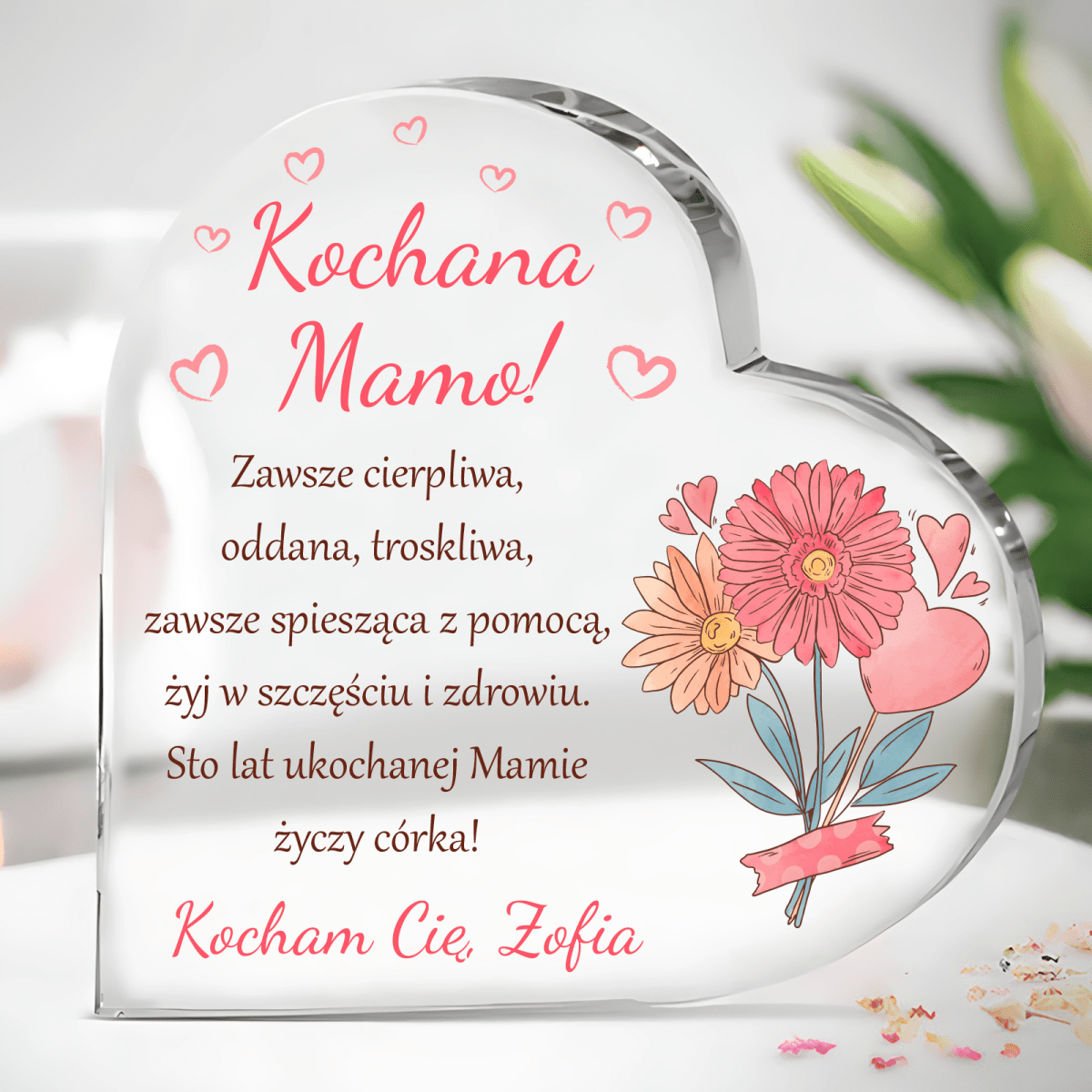 Różowe kwiaty i serca - Szklane serce, spersonalizowany prezent dla mamy - Adamell.pl