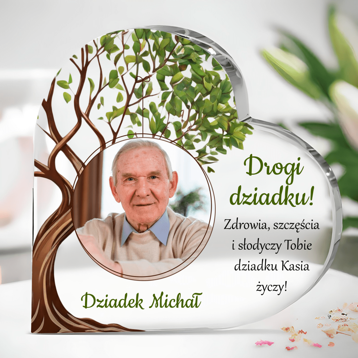 Serce z motywem drzewa - Szklane serce, spersonalizowany prezent dla dziadka - Adamell.pl