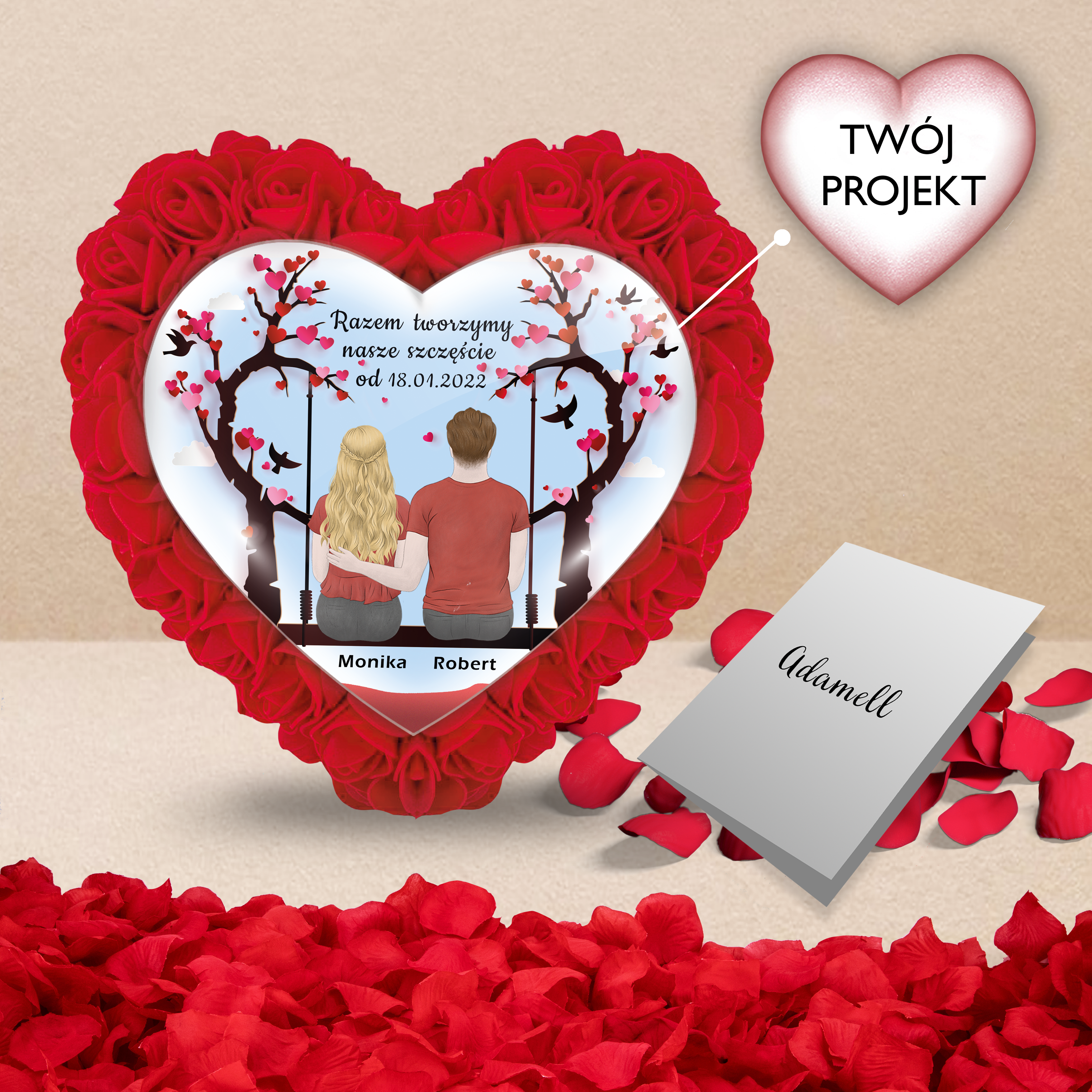 Razem tworzymy nasze szczęście - Różane serce z wydrukiem, spersonalizowany prezent