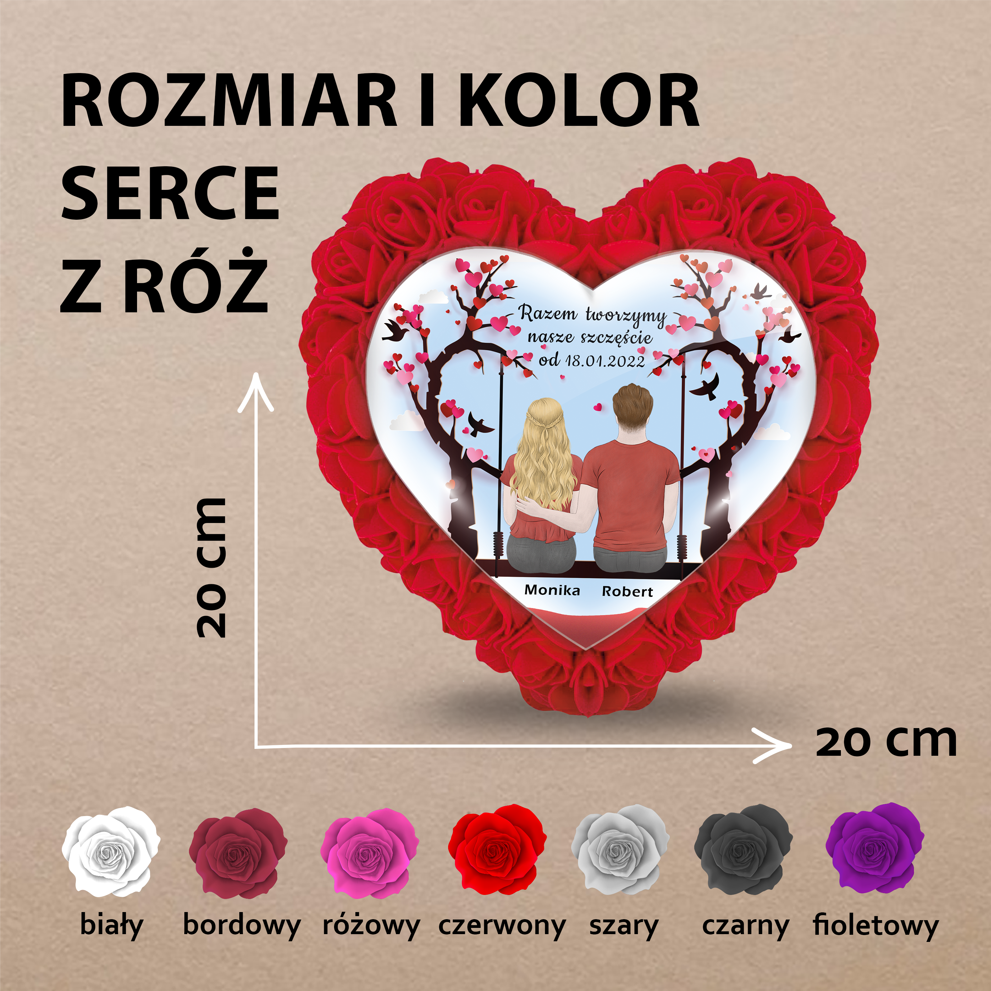Razem tworzymy nasze szczęście - Różane serce z wydrukiem, spersonalizowany prezent