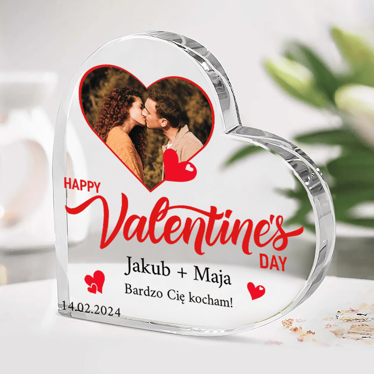 Szczęśliwych Walentynek - Szklane serce, spersonalizowany prezent dla pary - Adamell.pl
