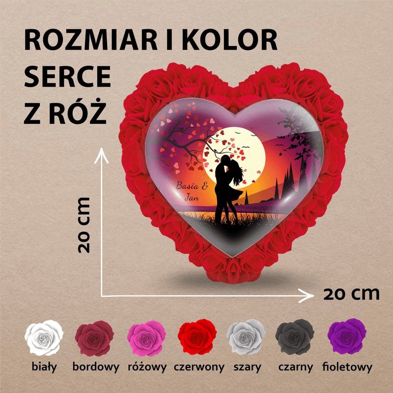 Zachód słońca para - Różane serce z nadrukiem, spersonalizowany prezent - Adamell.pl - Wyjątkowe Prezenty