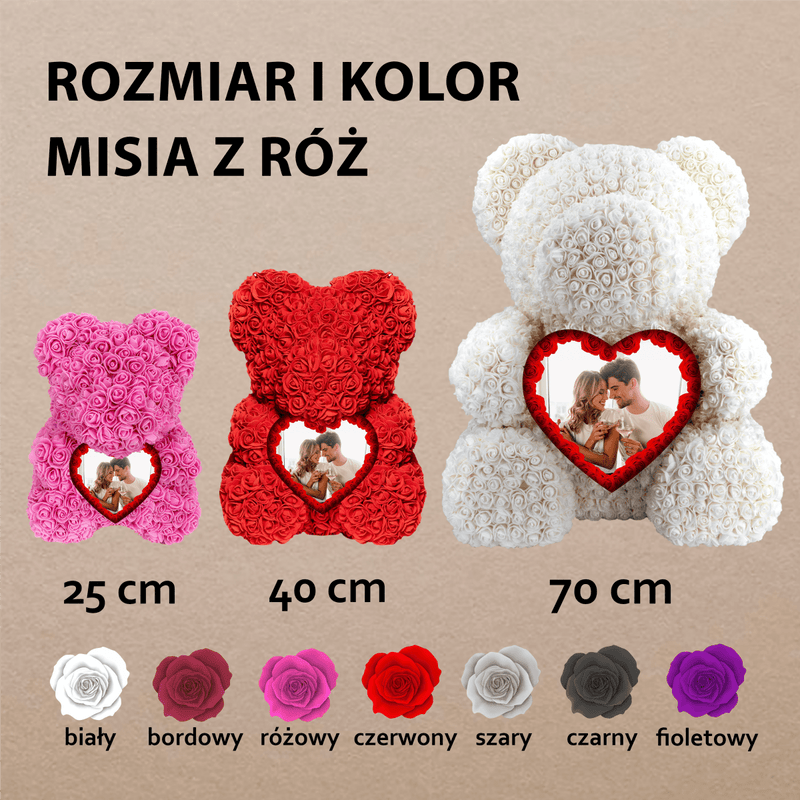 Zdjęcie zakochanej pary - Miś z róż z wydrukiem, spersonalizowany prezent dla niej - Adamell.pl