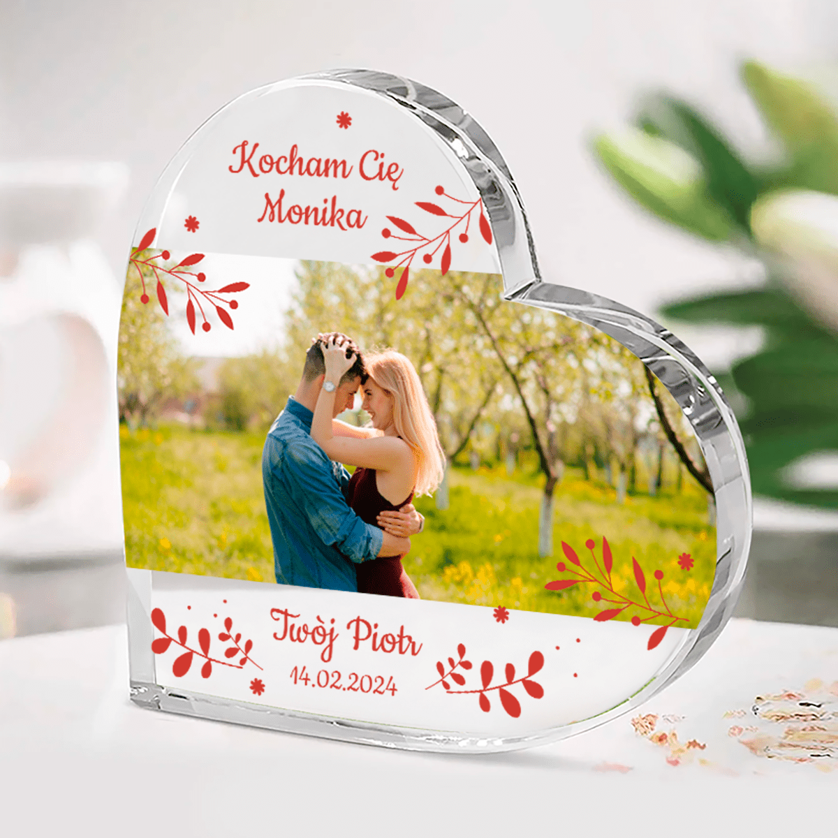 Zdjęcie zakochanych + tekst - Szklane serce, spersonalizowany prezent dla niej - Adamell.pl