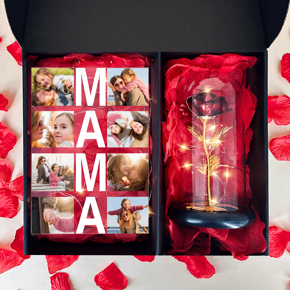 Złota wieczna róża + druk na szkle MAMA box 2 w 1 - zestaw prezentowy box, spersonalizowany prezent dla mamy - Adamell.pl