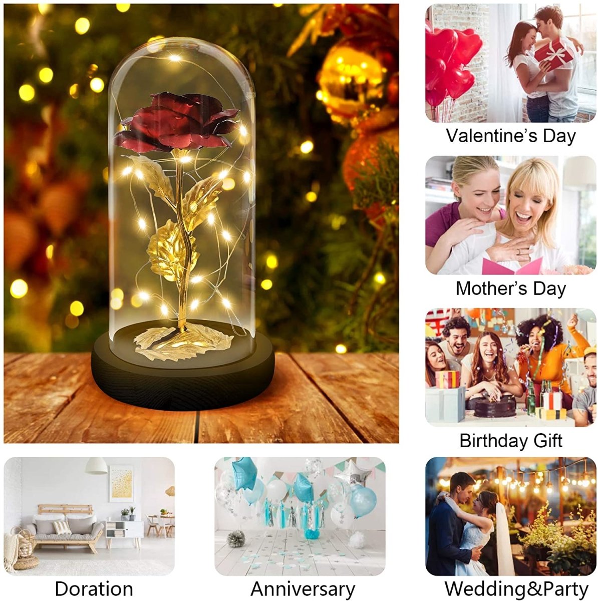 Złota wieczna świecąca róża w szkle LED, Sentymentalny prezent marzeń dla mamy, niesamowite prezenty na święta, na chrzest, na dzień babci, dziadka - Adamell.pl - Wyjątkowe Prezenty
