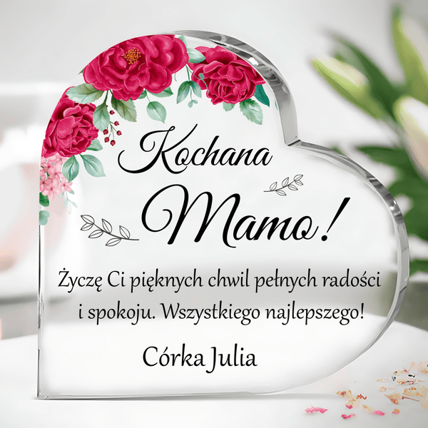Życzenia z kwiatowym motywem - Szklane serce, spersonalizowany prezent dla mamy - Adamell.pl