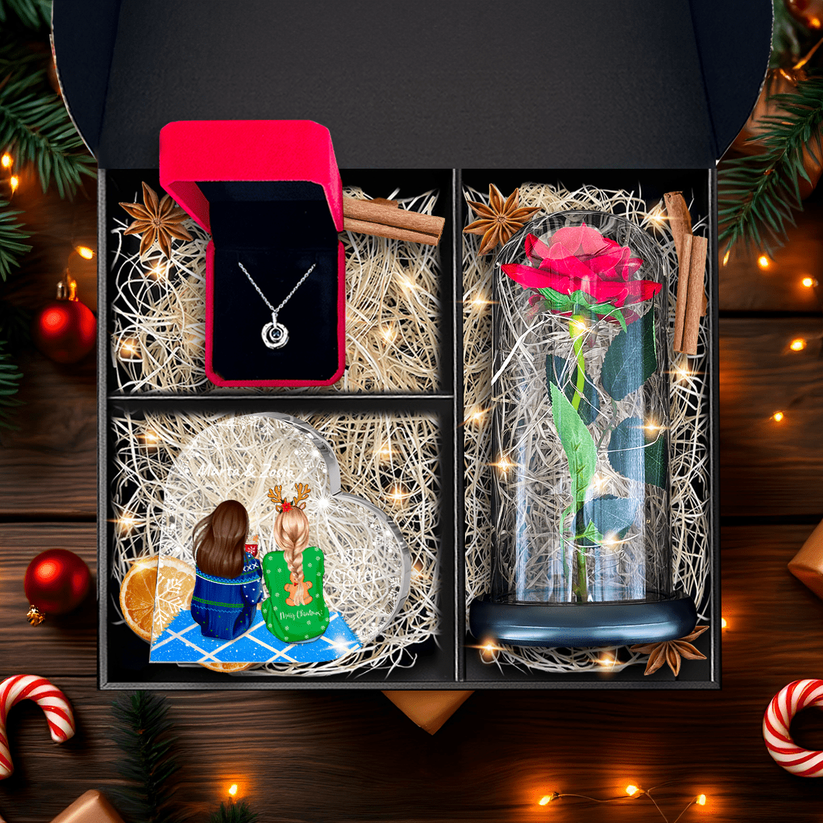 BOX Druk na szkle serce + wieczna róża + wisiorek - Adamell.pl