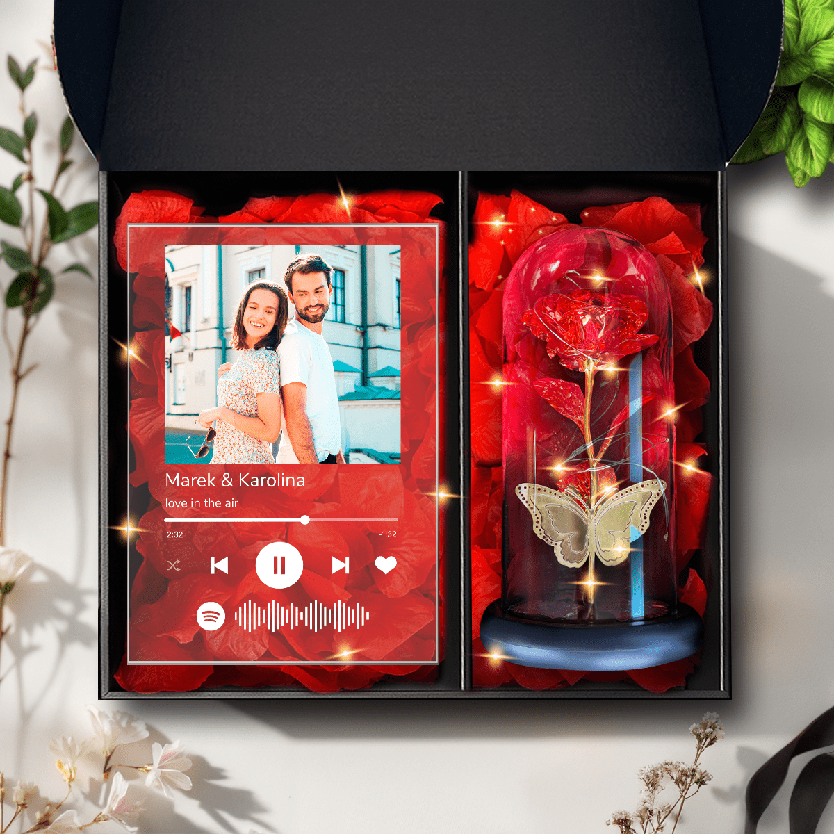 BOX Druk na szkleA5 + wieczna róża z motylem - Adamell.pl