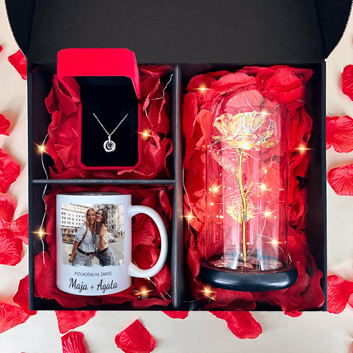 BOX Kryształowa róża LED + kubek + wisiorek - Adamell.pl