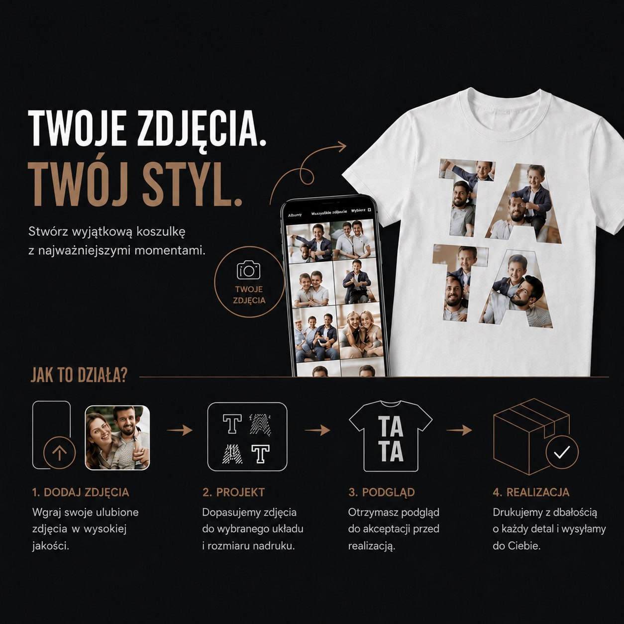 Koszulka męska z nadrukiem fotonapis TATA - spersonalizowany prezent dla taty