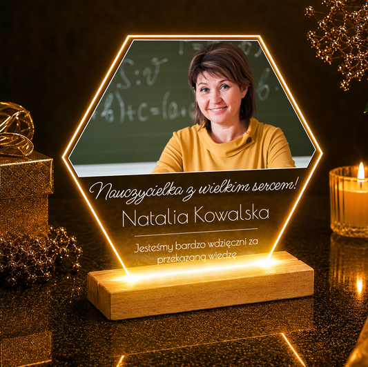 Nauczycielka z wielkim sercem - Druk na szkle, spersonalizowany prezent dla nauczyciela