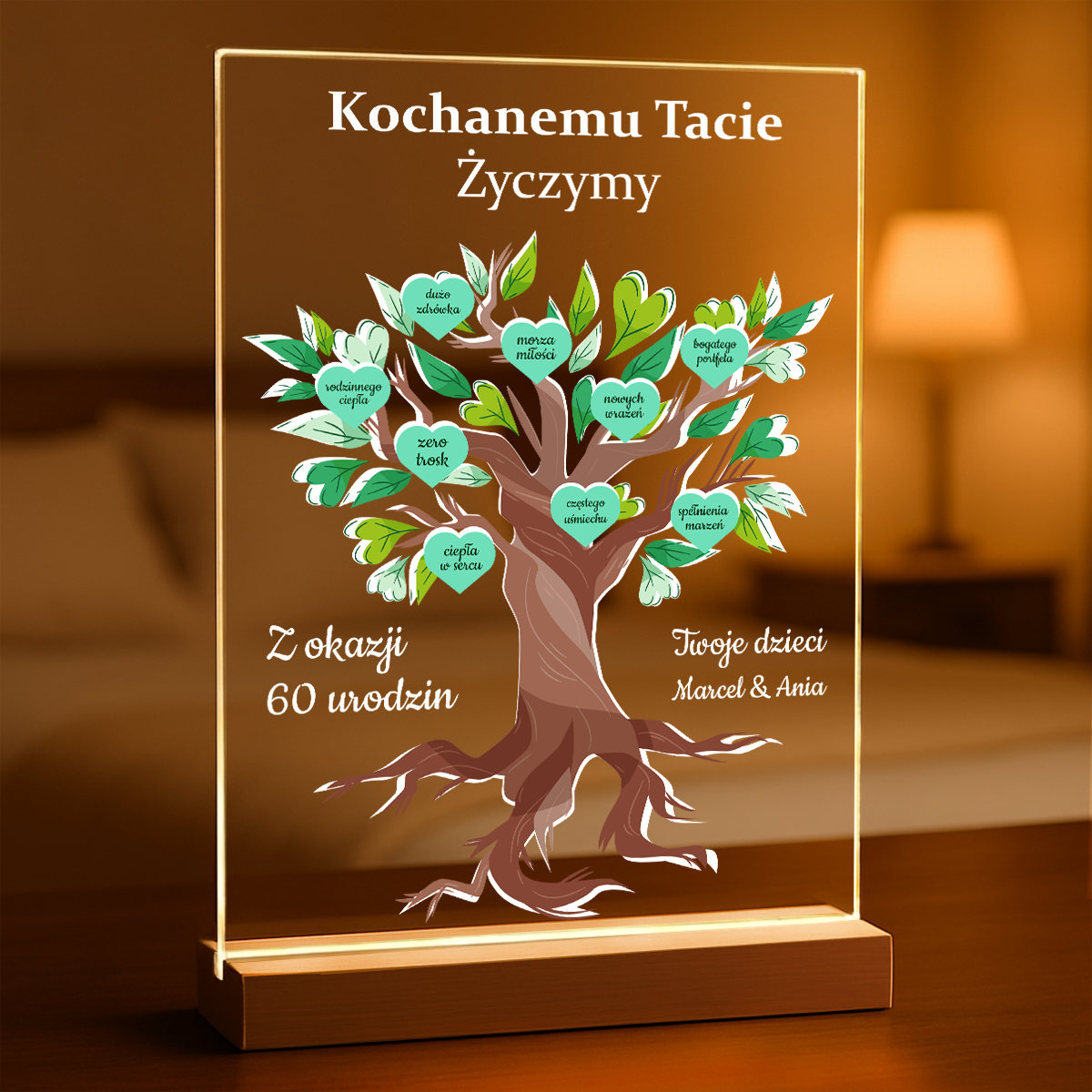 Drzewo życzeń na 60. urodziny taty - Druk na szkle, spersonalizowany prezent dla taty