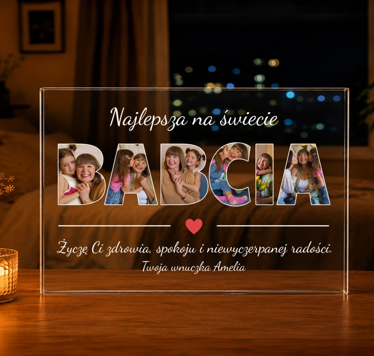 BABCIA napis + życzenia - Druk na szkle, spersonalizowany prezent dla babci - Adamell.pl