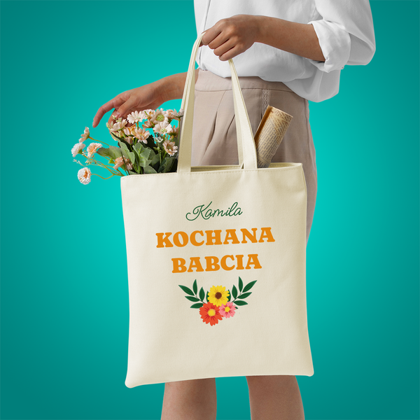 Materiałowa torba shopper z własnym nadrukiem KOCHANA BABCIA - spersonalizowany prezent dla babci