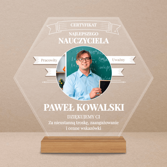 Certyfikat najlepszego nauczyciela - Druk na szkle, spersonalizowany prezent dla nauczyciela - Adamell.pl