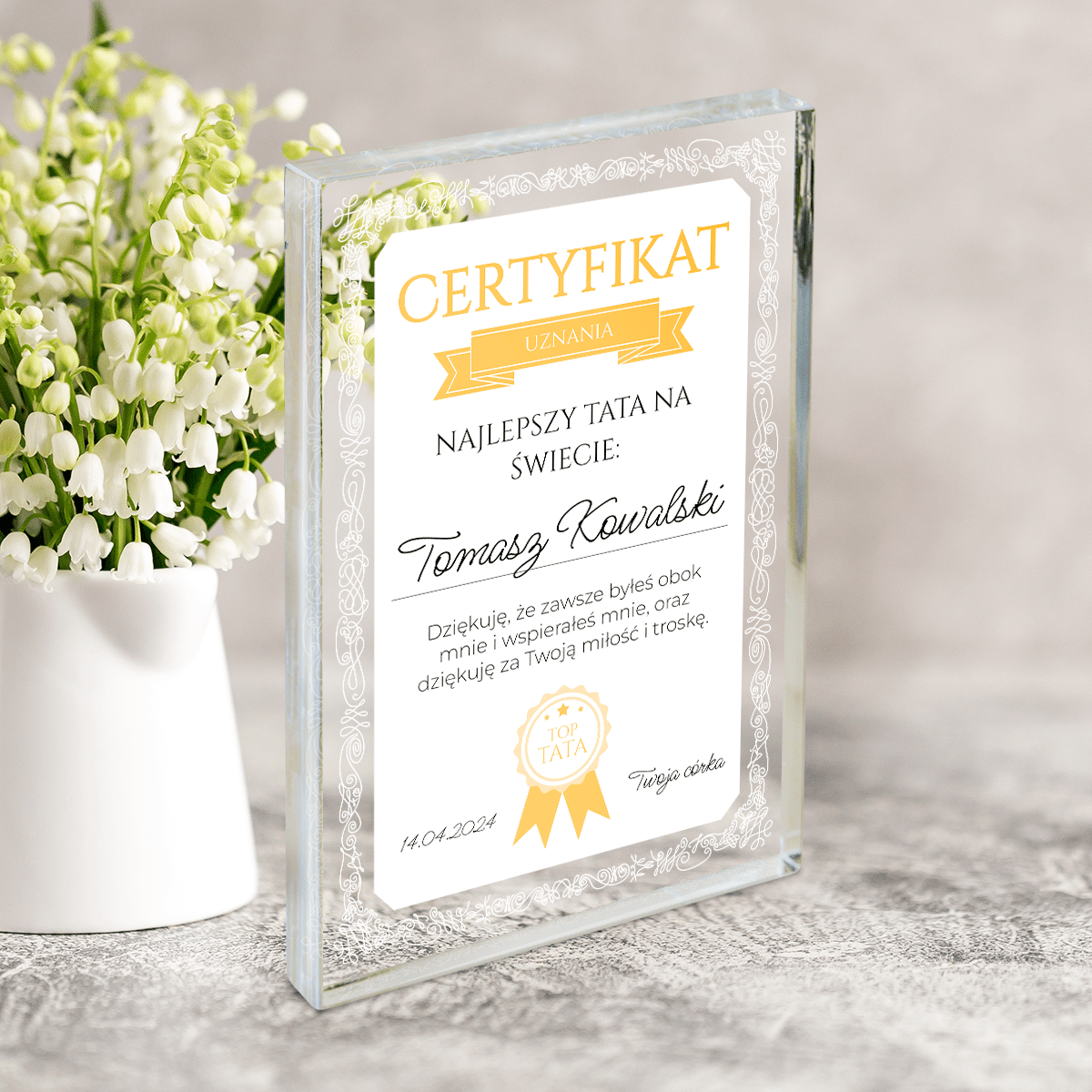 Certyfikat najlepszego taty - Druk na szkle, spersonalizowany prezent dla taty - Adamell.pl