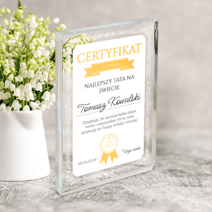 Certyfikat najlepszego taty - Druk na szkle, spersonalizowany prezent dla taty - Adamell.pl