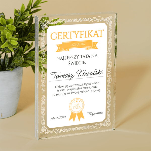 Certyfikat najlepszego taty - Druk na szkle, spersonalizowany prezent dla taty - Adamell.pl