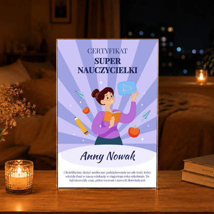 Certyfikat super nauczyciela - Druk na szkle, spersonalizowany prezent dla nauczyciela - Adamell.pl