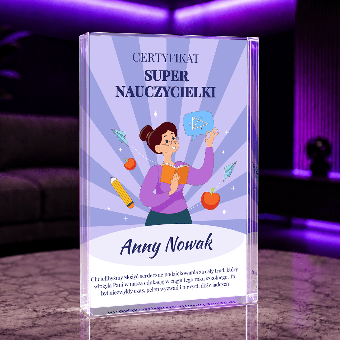 Certyfikat super nauczyciela - Druk na szkle, spersonalizowany prezent dla nauczyciela - Adamell.pl