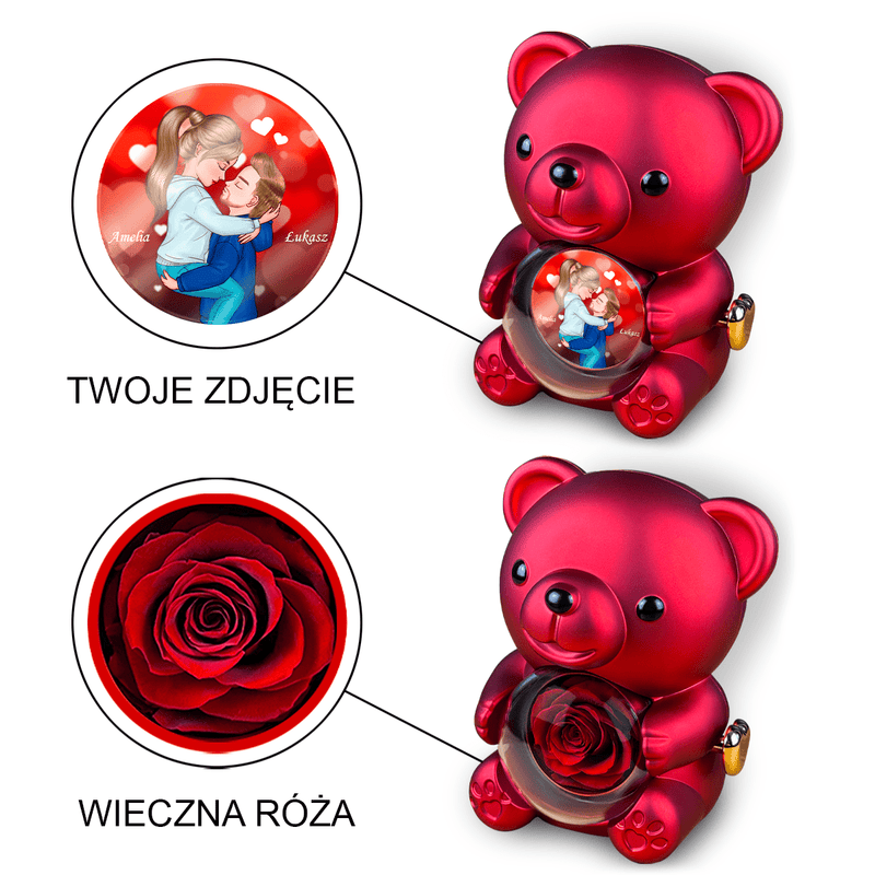 Clipart zakochanych - Miś z różą wieczną i wydrukiem, spersonalizowany prezent dla niego - Adamell.pl