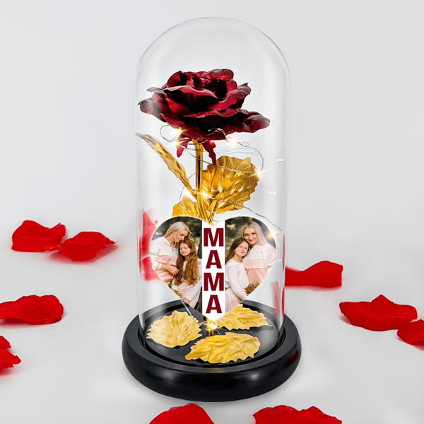 Czerwona róża wieczna LED w szkle + spersonalizowane serce z napisem MAMA - Adamell.pl