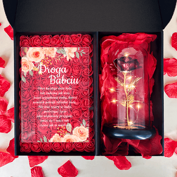 Czerwona wieczna róża + druk na szkle DROGA BABCIU box 2 w 1 - zestaw prezentowy, spersonalizowany prezent dla babci - Adamell.pl