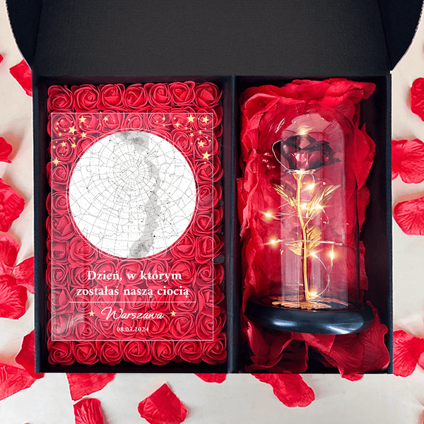 Czerwona wieczna róża + druk na szkle NASZA CIOCIA box 2 w 1 - zestaw prezentowy, spersonalizowany prezent dla cioci - Adamell.pl