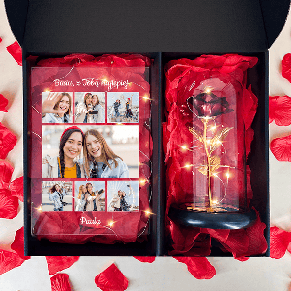 Czerwona wieczna róża + druk na szkle PRZYJACIÓŁKA box 2 w 1 - zestaw prezentowy box, spersonalizowany prezent dla przyjaciółki - Adamell.pl