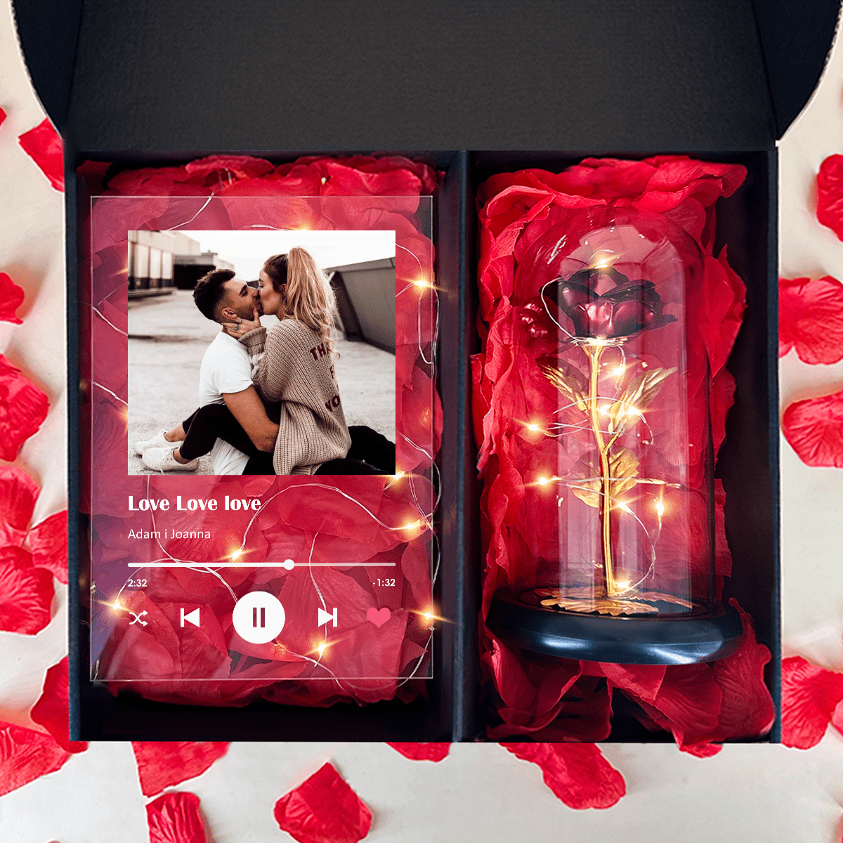 Czerwona wieczna róża + druk na szkle Spotify box 2 w 1 - zestaw prezentowy box, spersonalizowany prezent dla niej - Adamell.pl