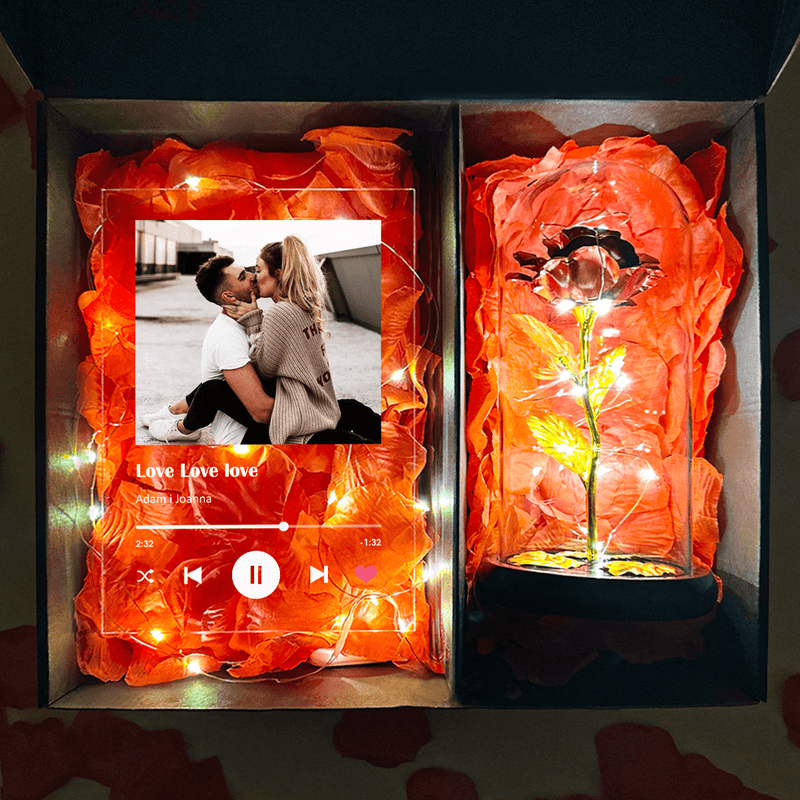 Czerwona wieczna róża + druk na szkle Spotify box 2 w 1 - zestaw prezentowy box, spersonalizowany prezent dla niej - Adamell.pl